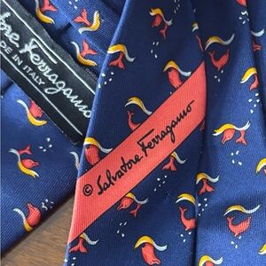 Salvatore Ferragamo Blue Silk Tie with Red and Yellow Fish Design 100% silk